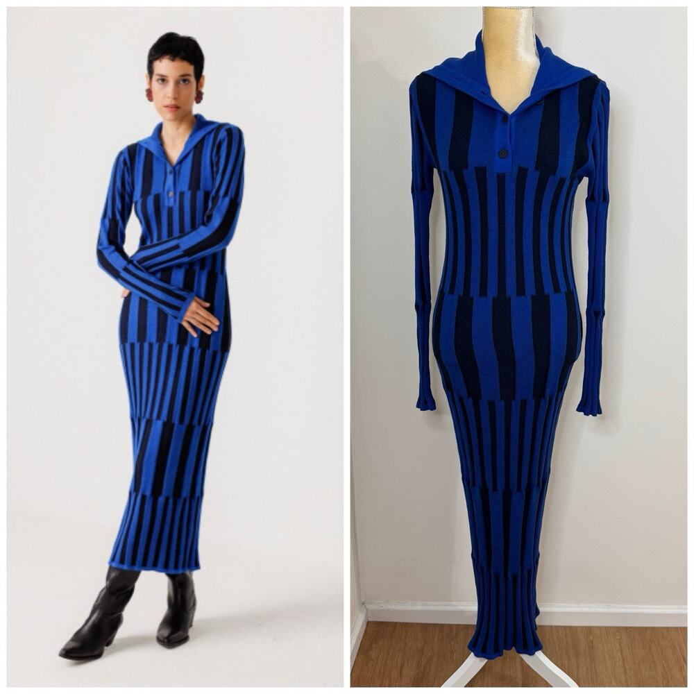 NWT SKFK Jare Gots Geometric Sweater Maxi Dress Size 6 Indigo Blue Knit